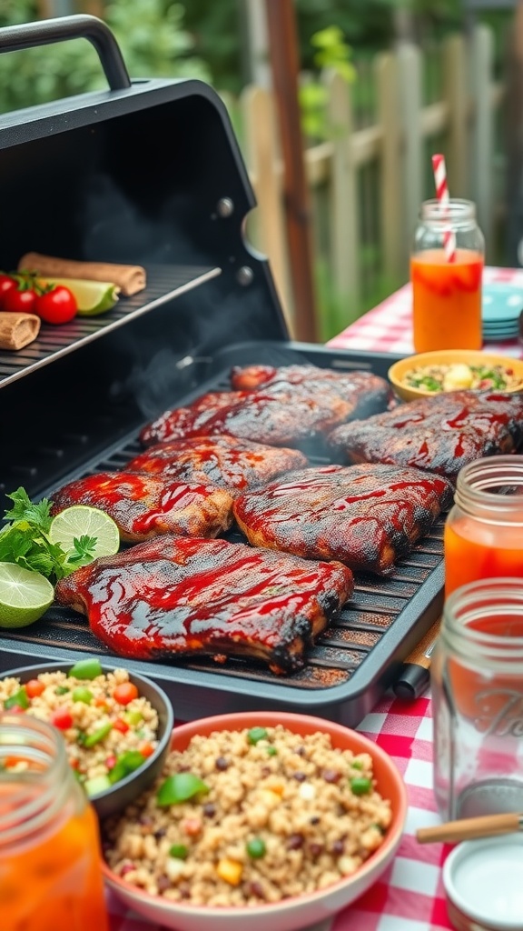 BBQ ribs on a grill with quinoa salad, set on a picnic table.